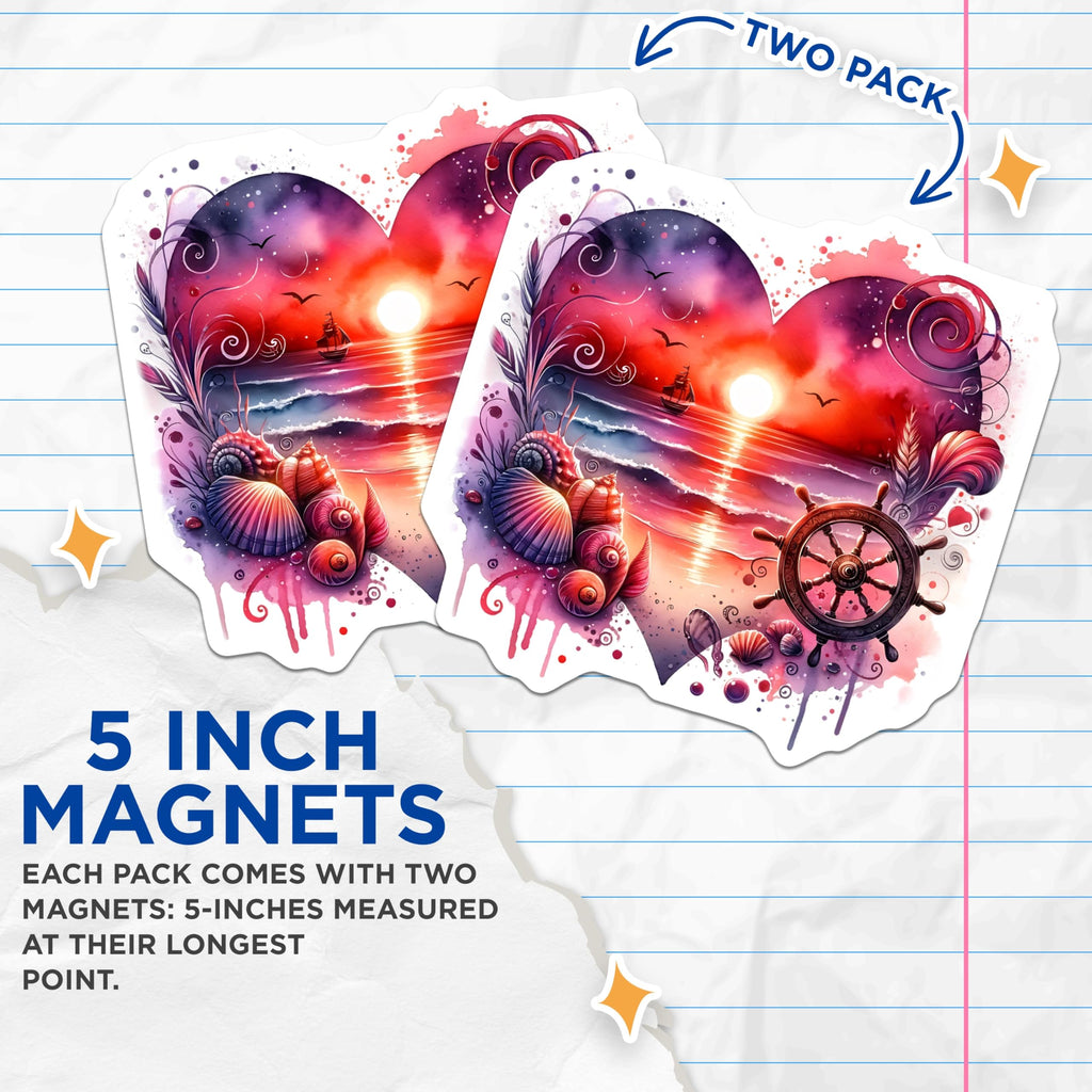 (2 Pack) Sunset Ocean Magnets - Sailing Boat Nautical Decor - Beach Scenery Art - 5" On Longest Side - Premium Magnet - for Cars, Refrigerators, Toolboxes, Lockers - Made in USA - MAG14315