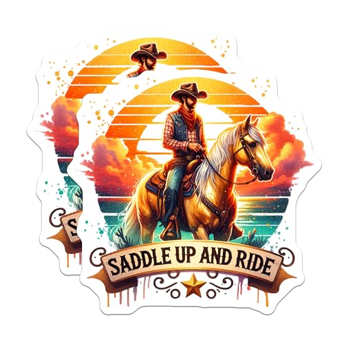 (2 Pack) Western Cowboy Stickers - Saddle Up and Ride - Sunset Horseback Riding - 5" On Longest Side - Sticks to Smooth Flat Surfaces - Made in USA - BMCS6837