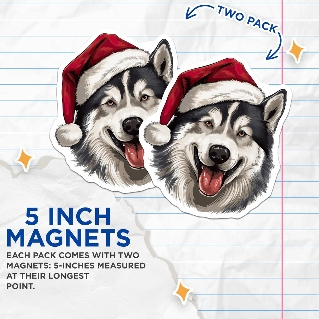 (2 Pack) Husky Christmas Magnets - Santa Hat Dog - Pet Lover Home Accent - 5 Inches On Longest Side - Thick Durable Magnet - Made in USA - MAG27502
