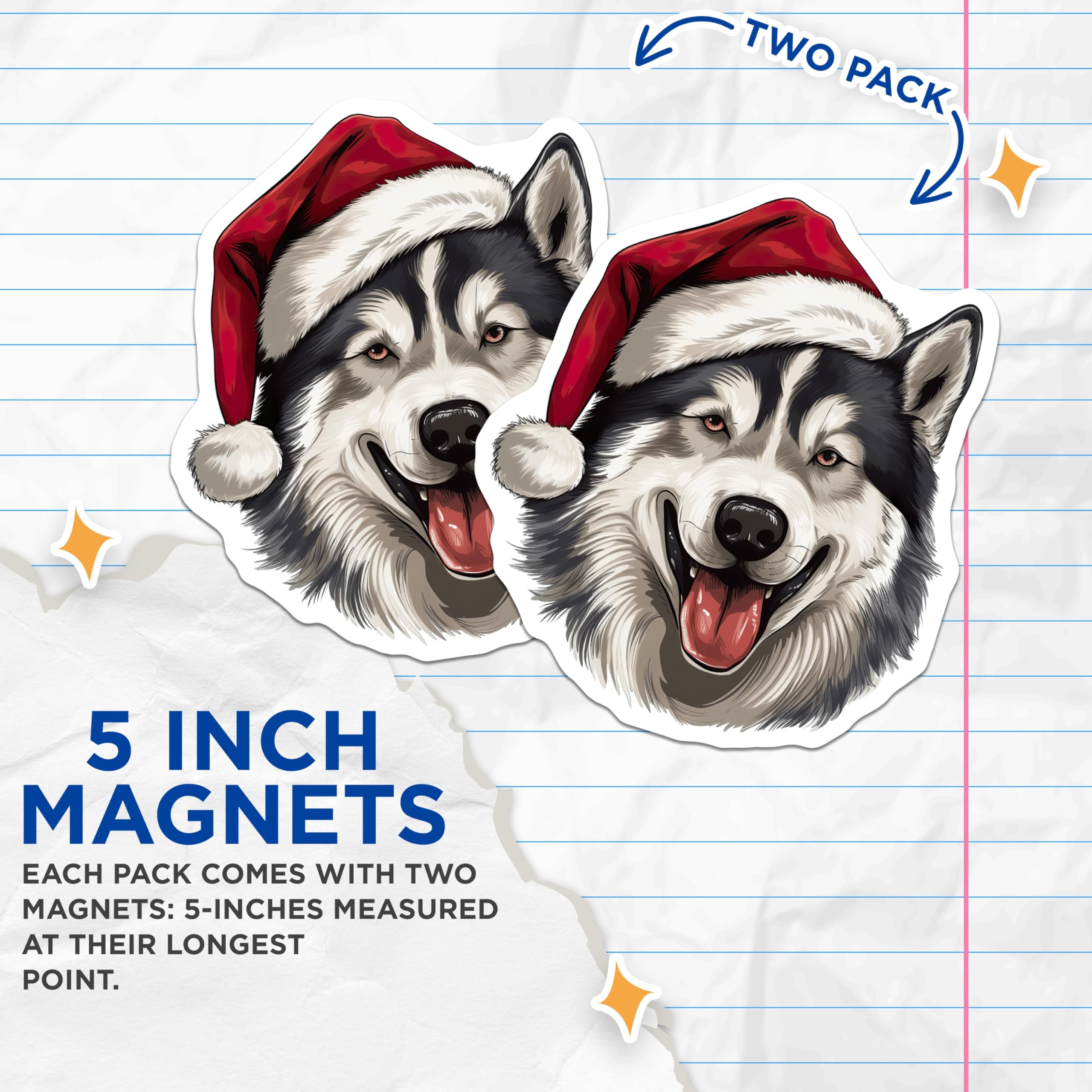 (2 Pack) Husky Christmas Magnets - Santa Hat Dog - Pet Lover Home Accent - 5 Inches On Longest Side - Thick Durable Magnet - Made in USA - MAG27502