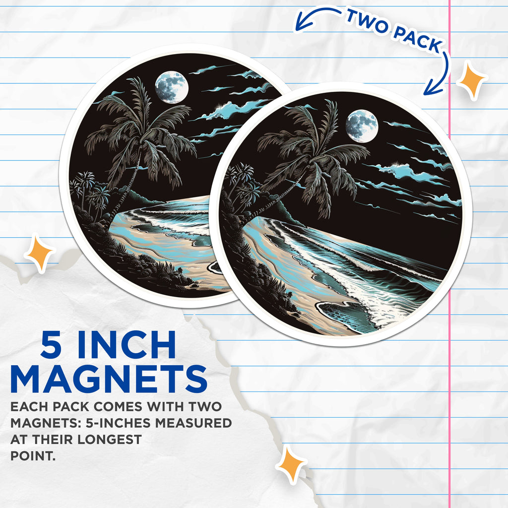 (2 Pack) Moonlit Beach Magnets - Tropical Palm Tree Ocean Scene - Serene Coastal Home Decor - 5 Inches On Longest Side - Thick Durable Magnet - Made in USA - MAG39499
