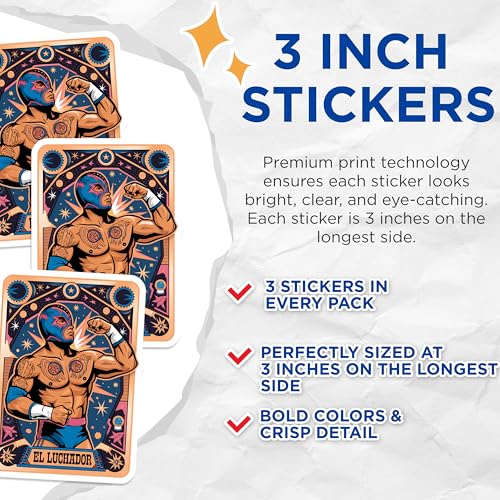 (3 Pack) El Luchador Decals - Mexican Wrestler - Laptop Decal - Wrestling Stickers - 3 Inches On Longest Side - Easy Peel & Apply - Made in USA - 3MCS8361