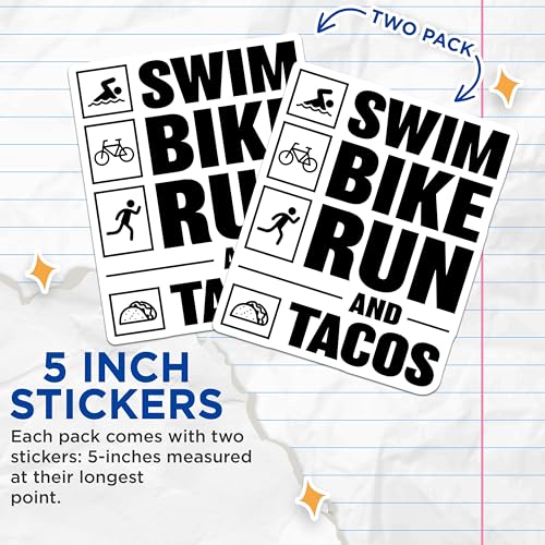 (2 Pack) Swim Bike Run and Tacos Stickers - Funny Athletic Sticker - Triathlon and Food Lover Decal - 5" On Longest Side - Sticks to Smooth Flat Surfaces - Made in USA - BMCS6255
