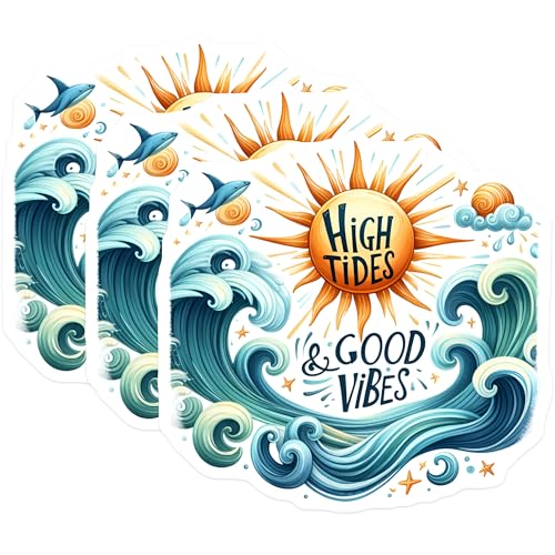 (3 Pack) High Tides Good Vibes Decals - Ocean Waves Art - Summer Beach Decals - 3 Inches On Longest Side - Easy Peel & Apply - Made in USA - 3MCS8063