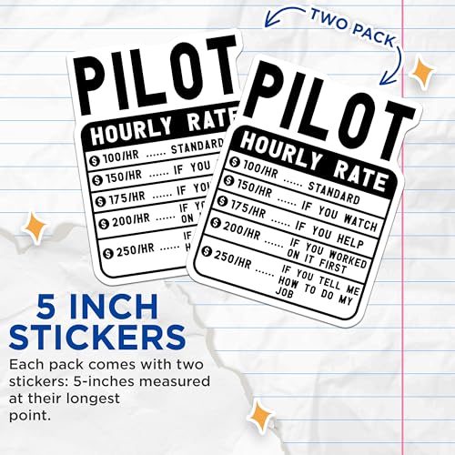 (2 Pack) Pilot Hourly Rate Stickers - Funny Pilot Rate List - Aviation Pilot Cost Sticker - 5" On Longest Side - Sticks to Smooth Flat Surfaces - Made in USA - BMCS5014