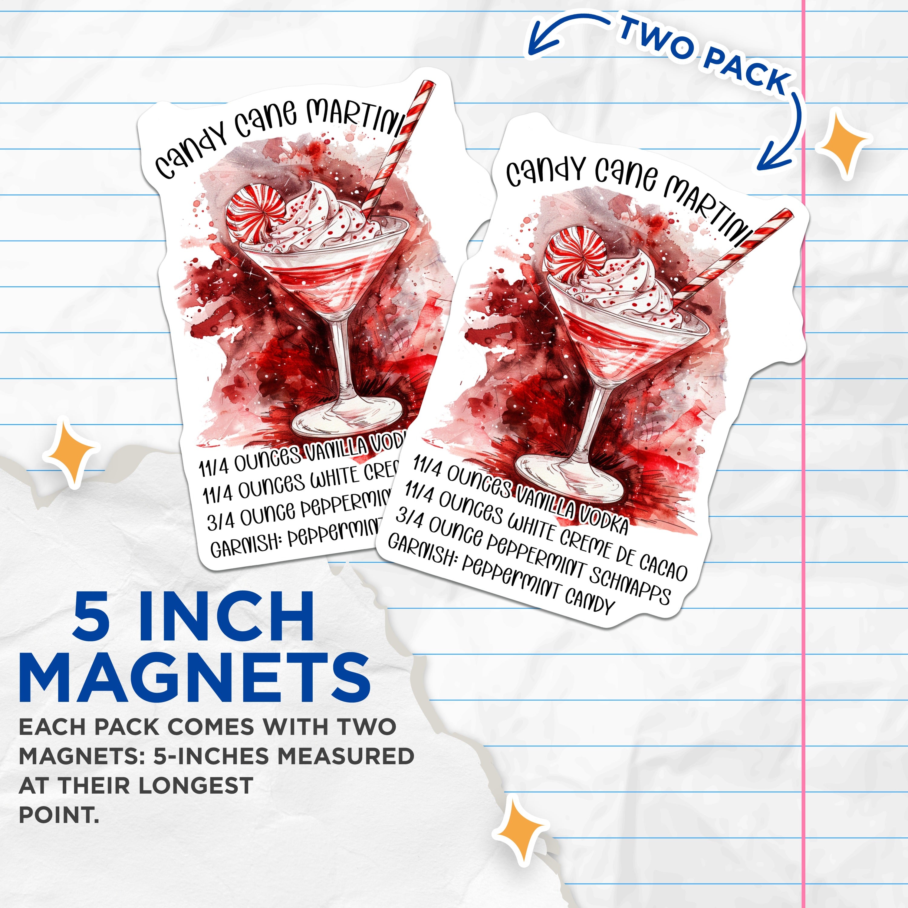 (2 Pack) Candy Cane Martini Magnets - Festive Christmas Drink Recipe - Holiday Bar Cart Decor - Winter Cocktail Gift - 5 Inches On Longest Side - Thick Durable Magnet - Made in USA - MAG37387