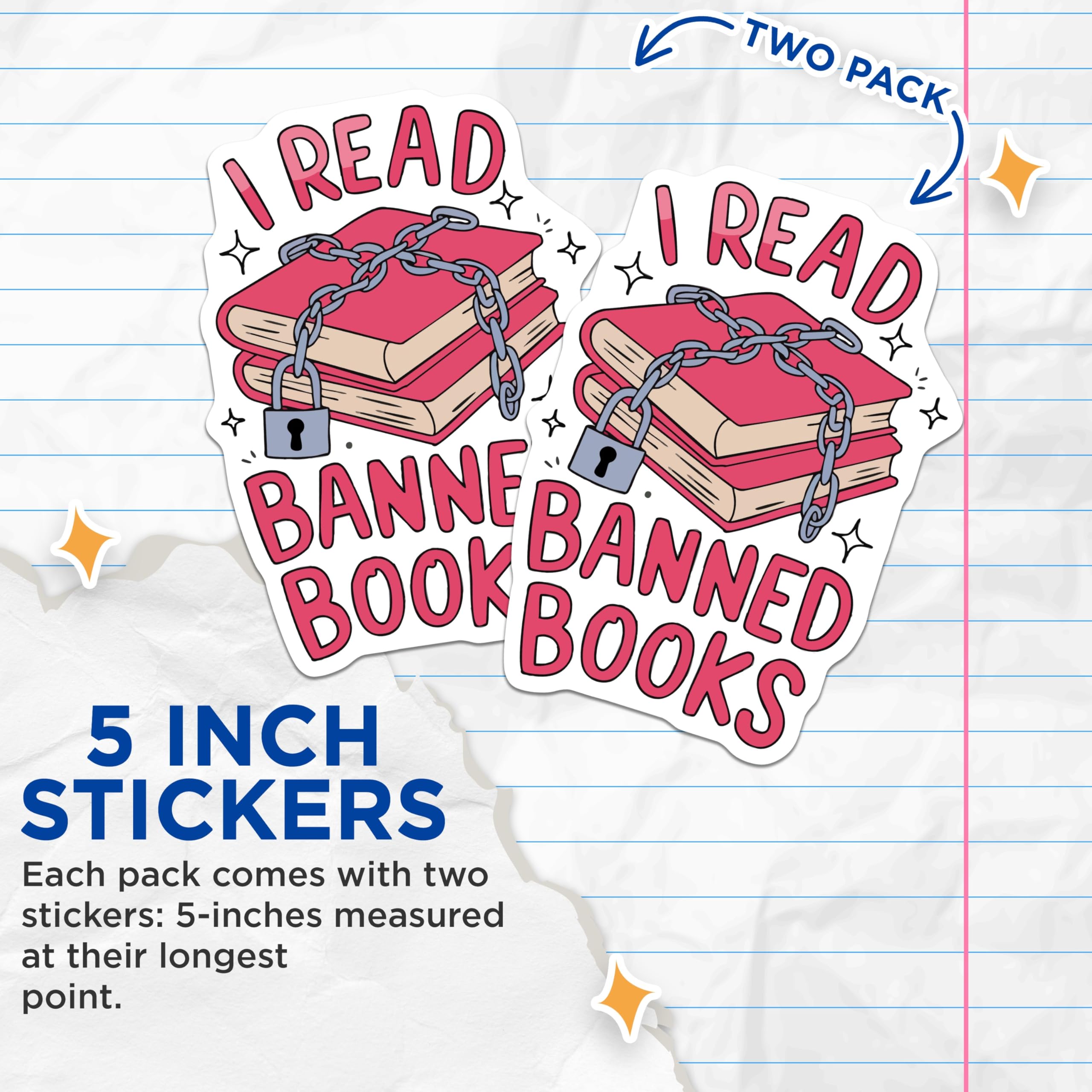 (2 Pack) Banned Books Stickers - Book Lover Reader - Intellectual Freedom Advocacy - 5" On Longest Side - Sticks to Smooth Flat Surfaces - Made in USA - BMCS21264