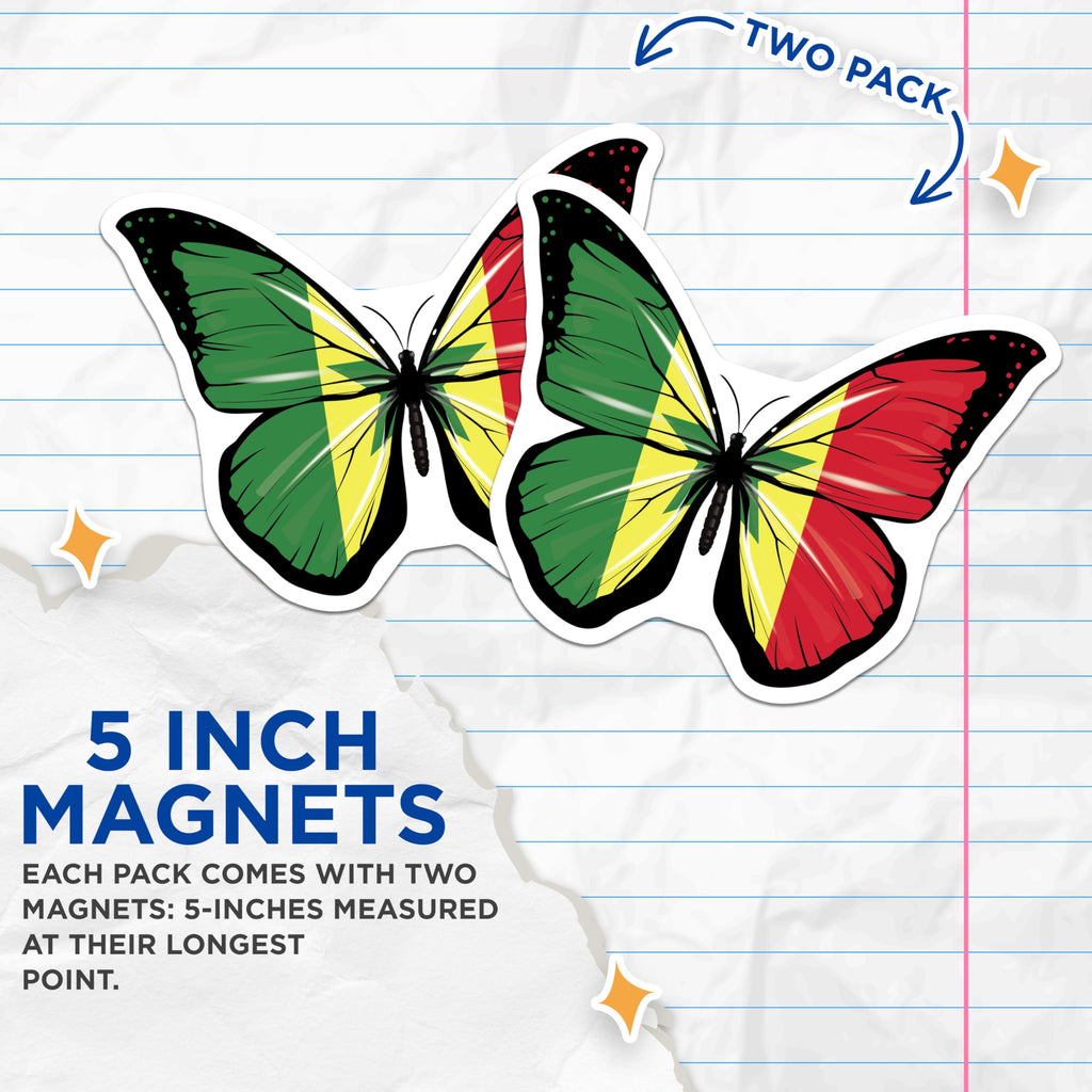 (2 Pack) Butterfly Magnets - Senegal Flag Art - Refrigerator Locker Decoration - 5" On Longest Side - Premium Magnet - for Cars, Refrigerators, Toolboxes, Lockers - Made in USA - MAG18929