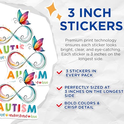 (3 Pack) Autism Awareness Decals - Infinity Symbol Butterfly - Accept Understand Love - 3 Inches On Longest Side - Easy Peel & Apply - Made in USA - 3MCS6892