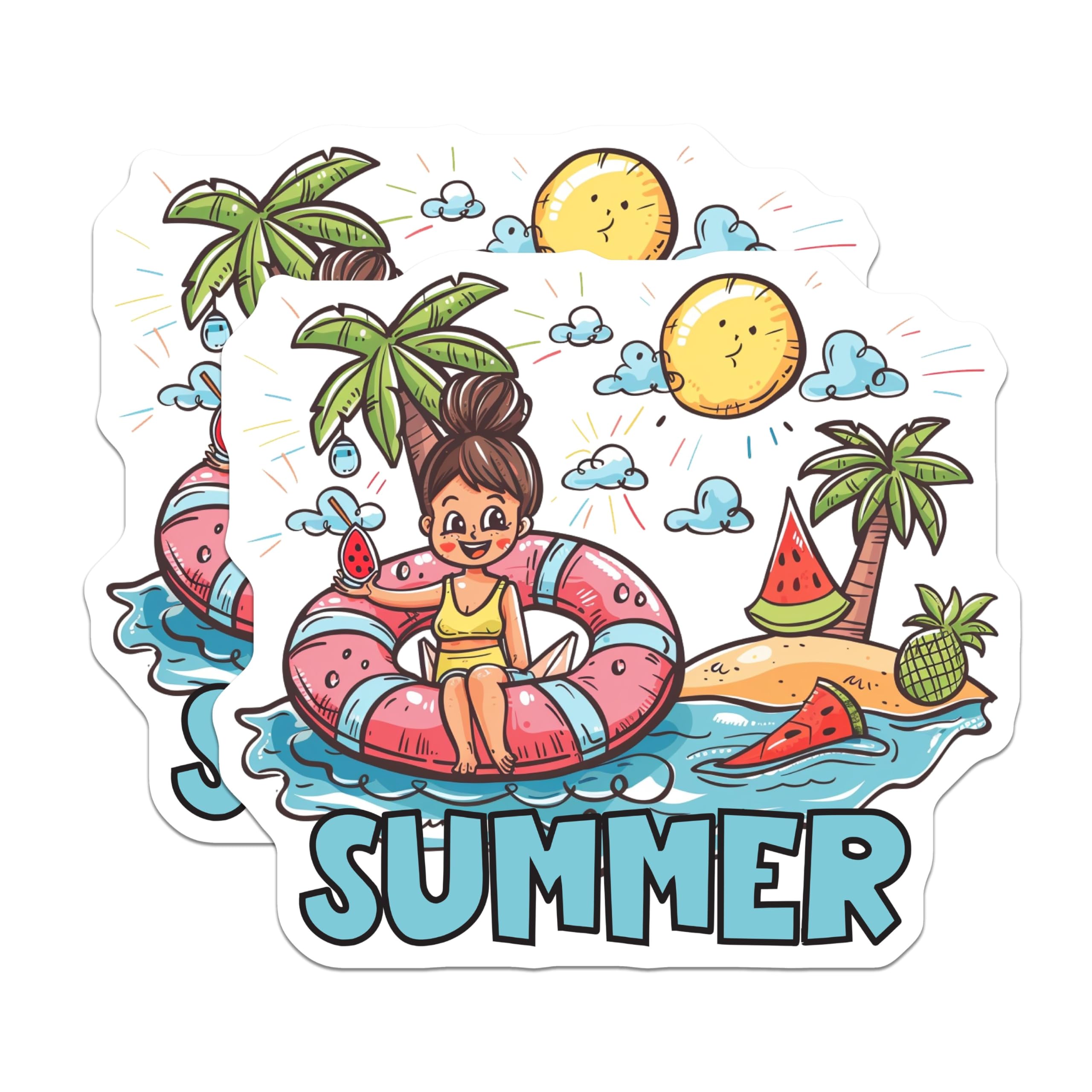 (2 Pack) Summer Stickers - Beach Stickers - Tropical Stickers for Kids - 5" On Longest Side - Sticks to Smooth Flat Surfaces - Made in USA - BMCS4319