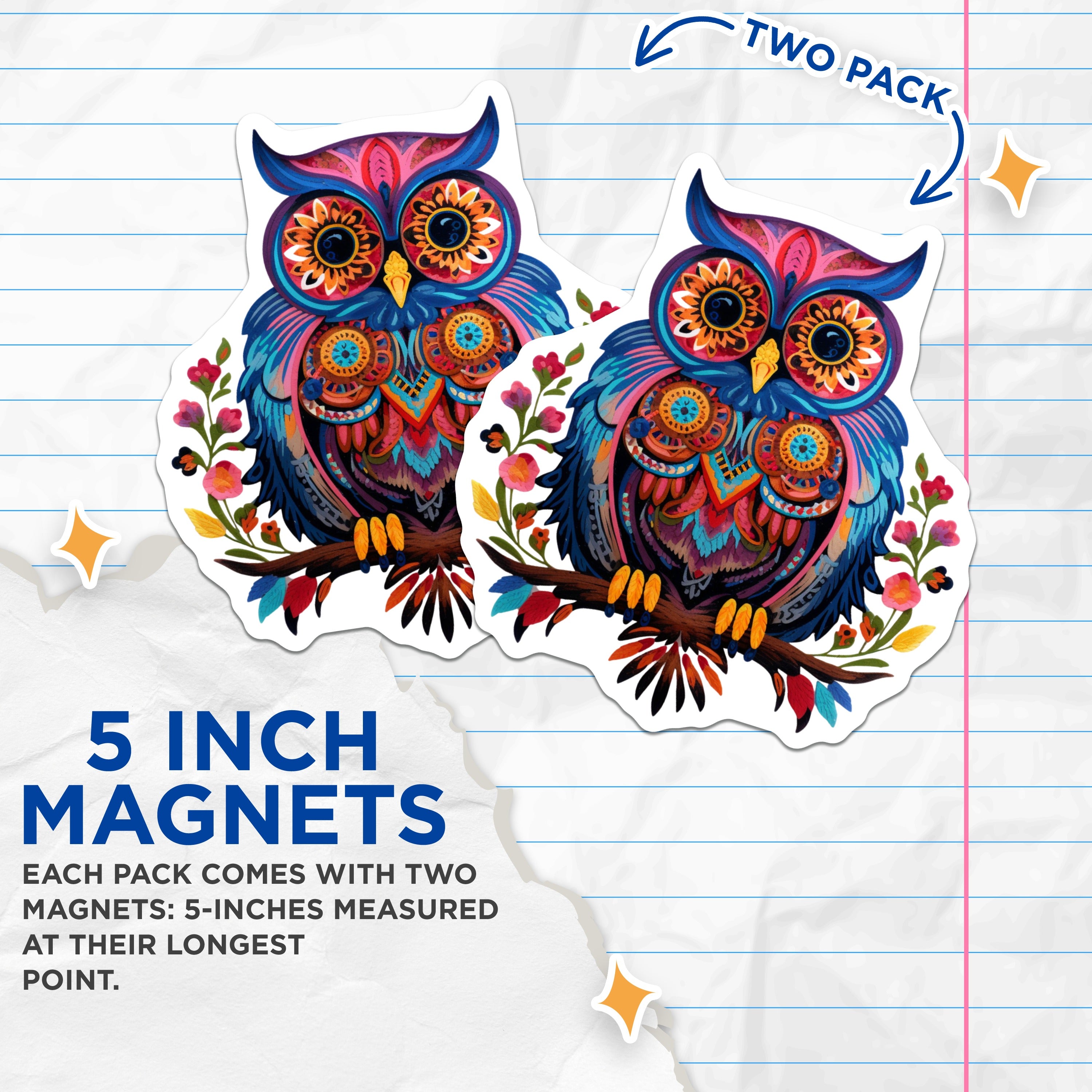 (2 Pack) Bohemian Owl Magnets - Vibrant Folk Art Refrigerator Decor - Eclectic Wise Owl Kitchen Display - 5 Inches On Longest Side - Thick Durable Magnet - Made in USA - MAG38140