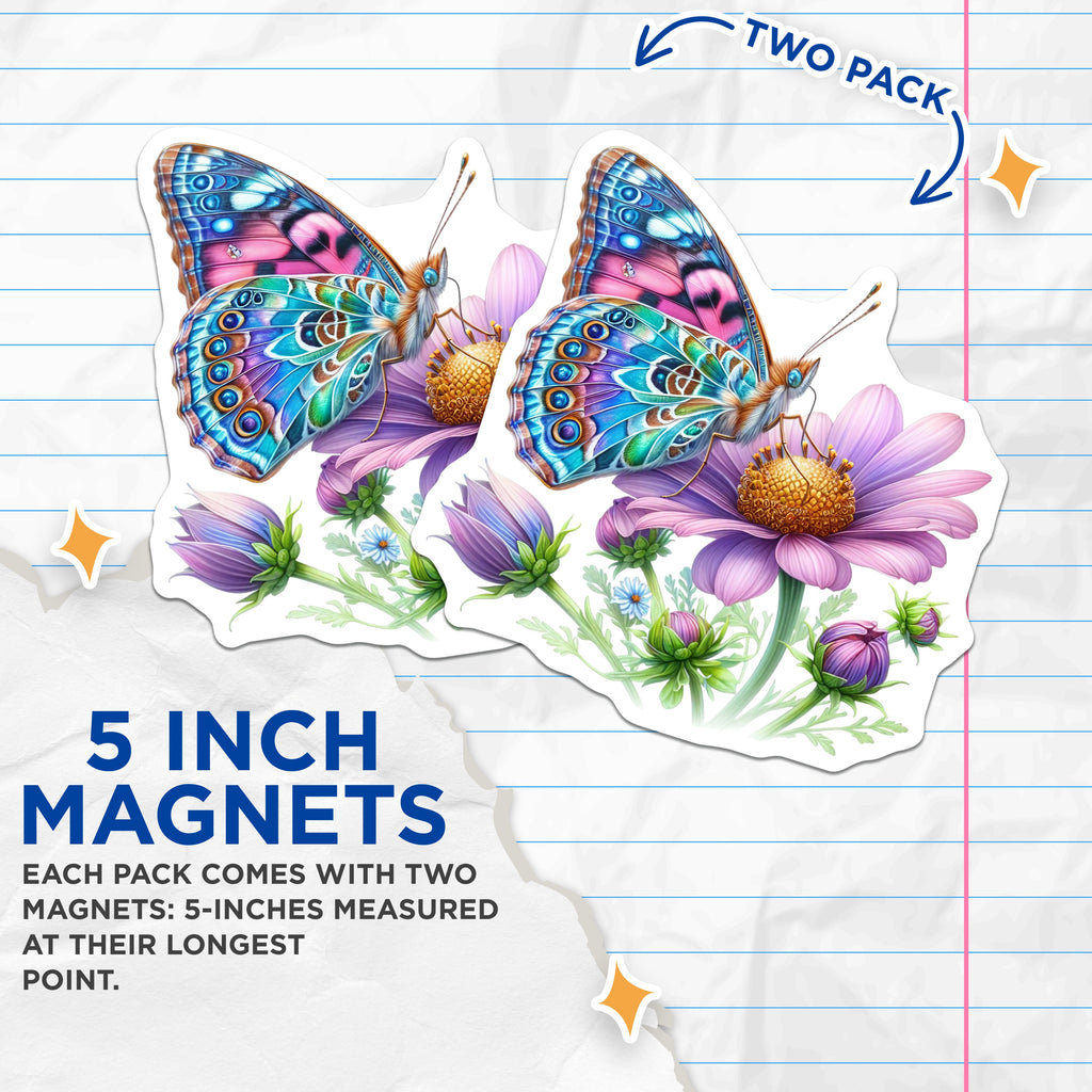 (2 Pack) Butterfly Magnets - Vibrant Floral Fridge Decor - Whimsical Nature Lover Accessory - 5 Inches On Longest Side - Thick Durable Magnet - Made in USA - MAG39061