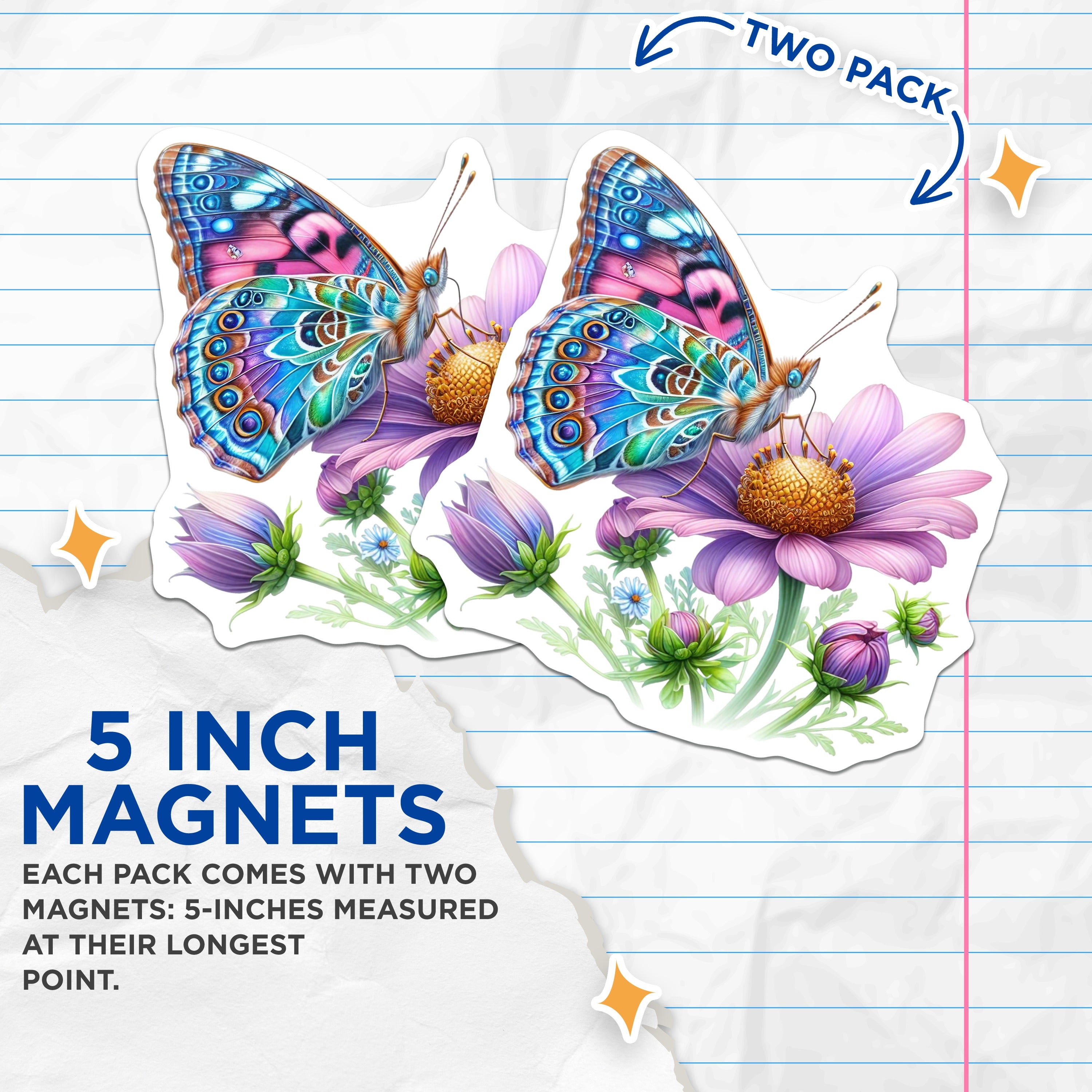 (2 Pack) Butterfly Magnets - Vibrant Floral Fridge Decor - Whimsical Nature Lover Accessory - 5 Inches On Longest Side - Thick Durable Magnet - Made in USA - MAG39061