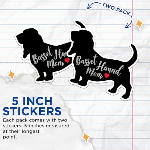 (2 Packs) Basset Hound Mom Stickers - Basset Hound Mom Dog Breed Decals - 5 Inches On Longest Side - Premium Vinyl Decal - Sticks to Any Smooth Flat Surface - Made in USA - BMCS2453