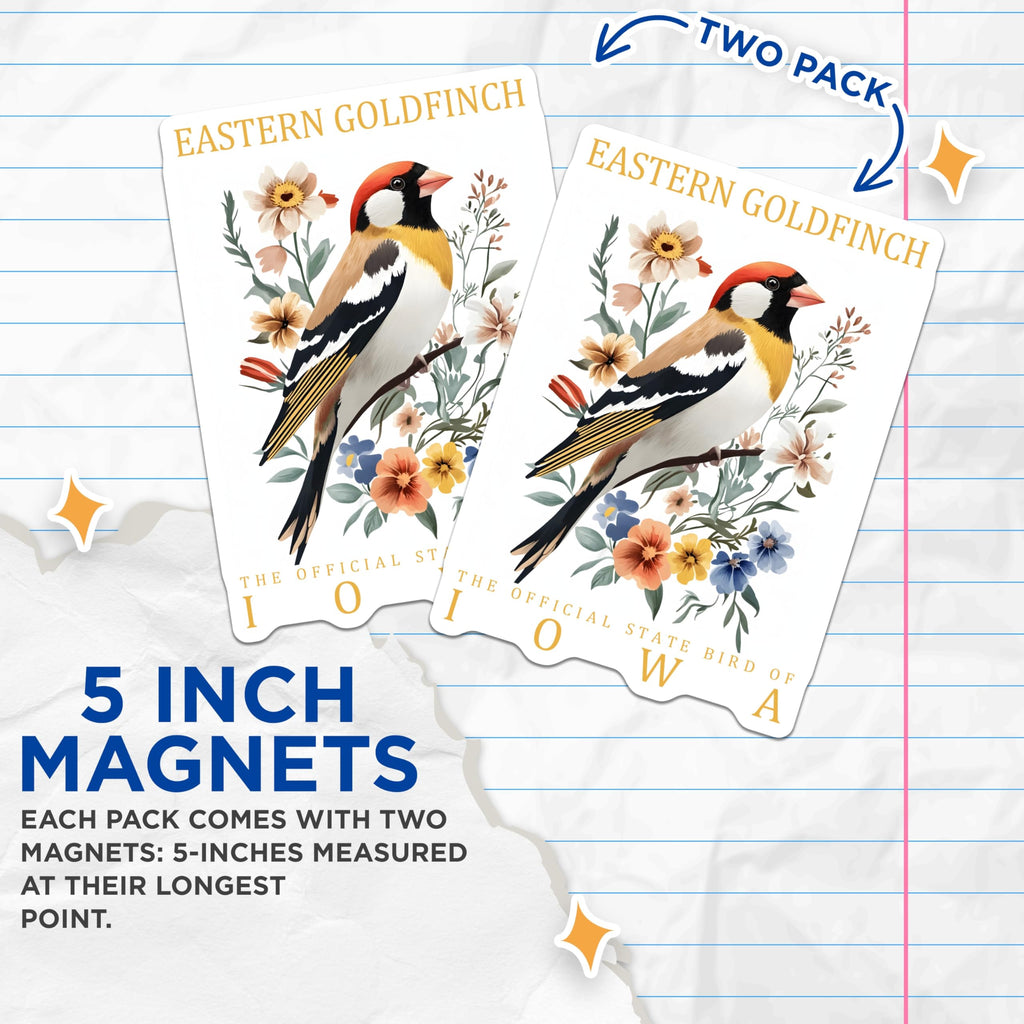 (2 Pack) Eastern Goldfinch Magnets - Iowa State Bird - Floral Bird Art - 5" On Longest Side - Premium Magnet - for Cars, Refrigerators, Toolboxes, Lockers - Made in USA - MAG17761