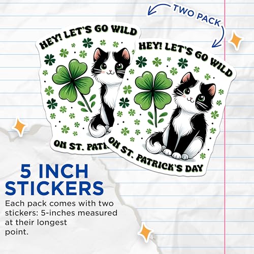 (2 Pack) St Patrick's Day Stickers - Cute Cat - Let's Go Wild - 5" On Longest Side - Sticks to Smooth Flat Surfaces - Made in USA - BMCS8111