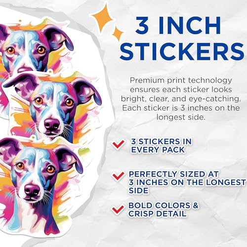 (3 Pack) Italian Greyhound Decals - Colorful Dog Art - Laptop Decal - 3 Inches On Longest Side - Easy Peel & Apply - Made in USA - 3MCS0759