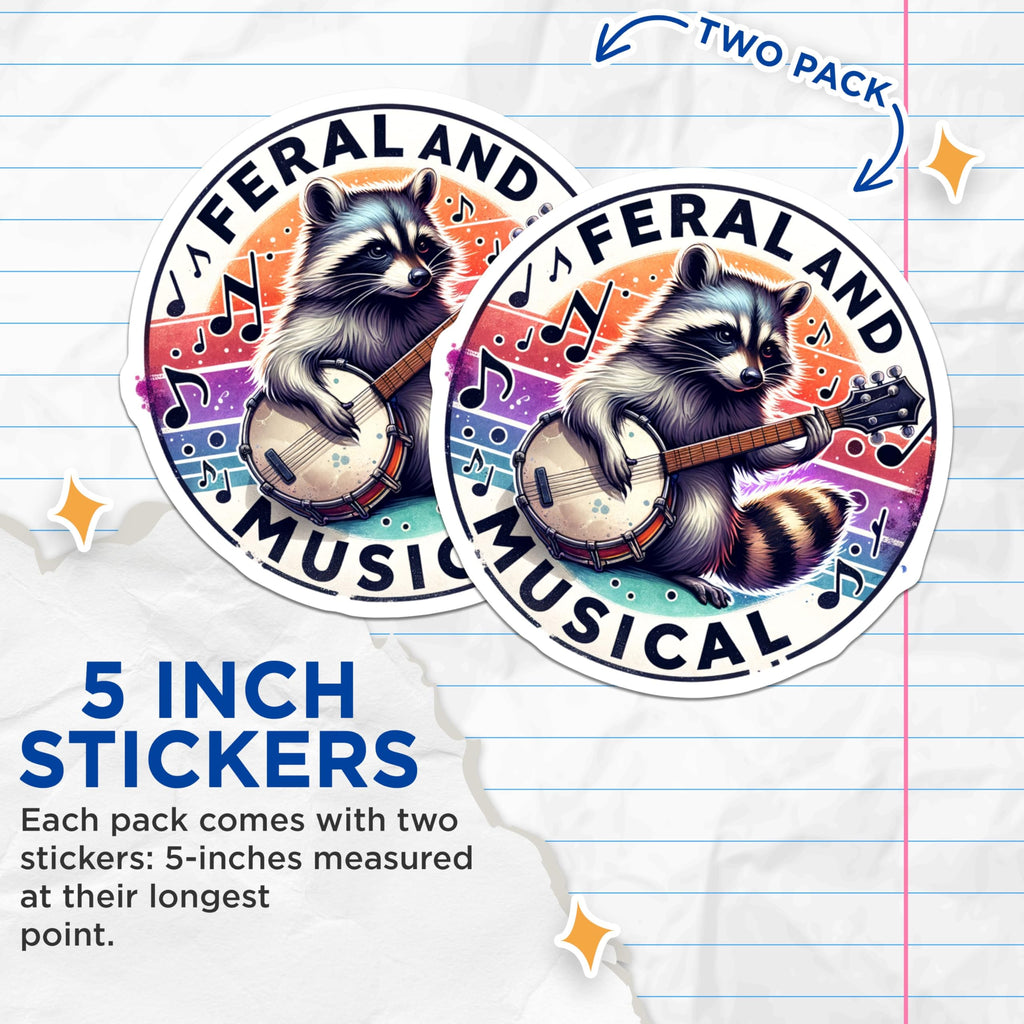 (2 Pack) Raccoon Banjo Stickers - Musical Animal Stickers - Whimsical Forest Creature Stickers - 5" On Longest Side - Sticks to Smooth Flat Surfaces - Made in USA - BMCS4541