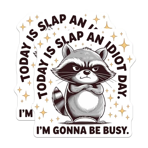 (2 Pack) Funny Raccoon Stickers - Today is Slap an Idiot Day - Humorous Animal Decals - 5" On Longest Side - Sticks to Smooth Flat Surfaces - Made in USA - BMCS9600