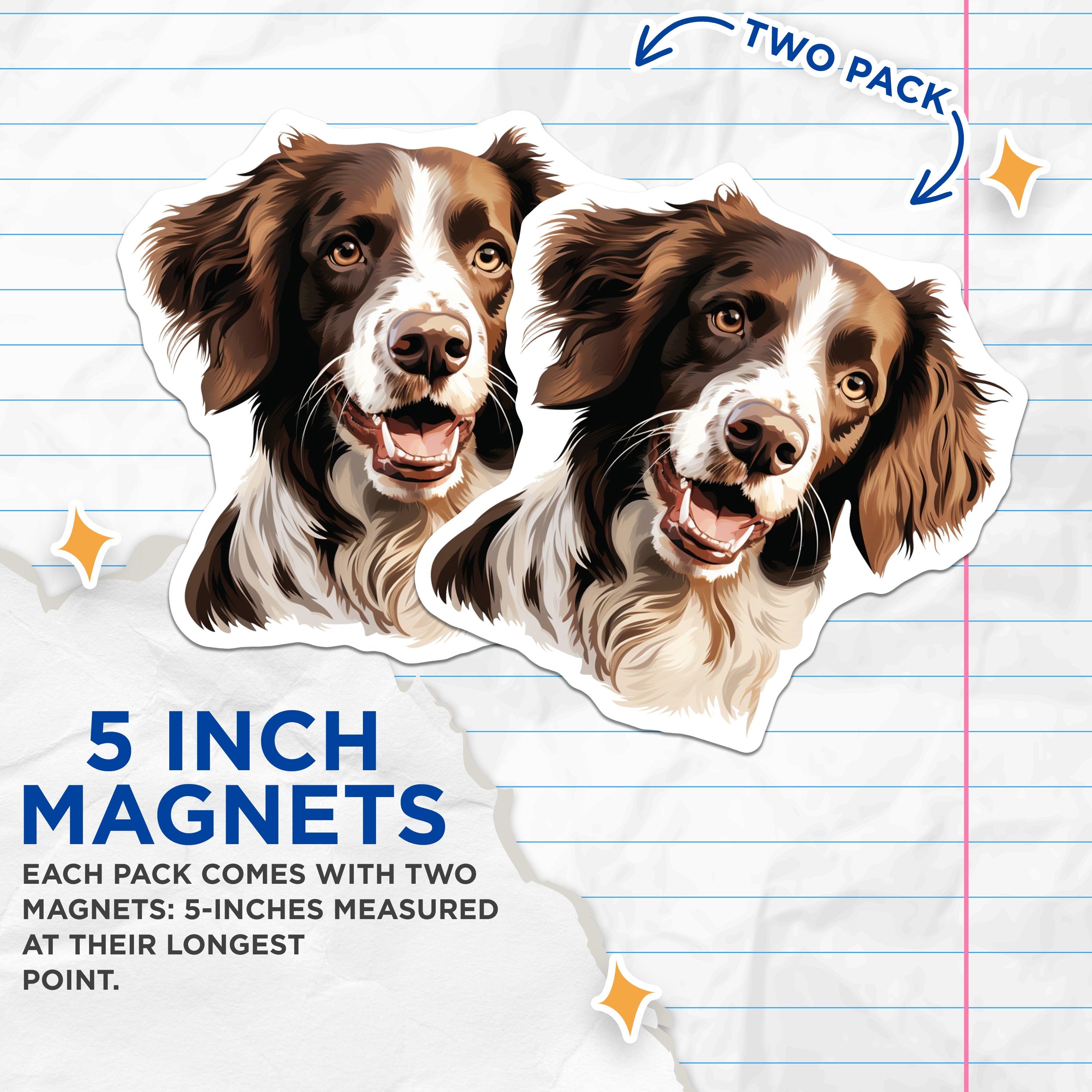 (2 Pack) Springer Spaniel Dog Magnets - Smiling Dog Head Art - Pet Owner Fridge Decor - Animal Lover Accessory - 5 Inches On Longest Side - Thick Durable Magnet - Made in USA - MAG37493