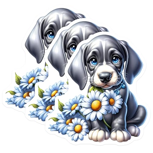 (3 Pack) Cute Puppy Decals - Dog with Flowers - Adorable Animal Decals - 3 Inches On Longest Side - Easy Peel & Apply - Made in USA - 3MCS8350