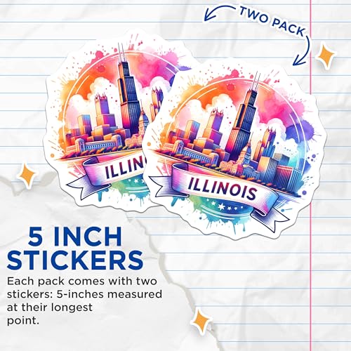 (2 Pack) Illinois Skyline Stickers - Watercolor Cityscape - Travel Souvenir - Vibrant Illustration - 5" On Longest Side - Sticks to Smooth Flat Surfaces - Made in USA - BMCS6936