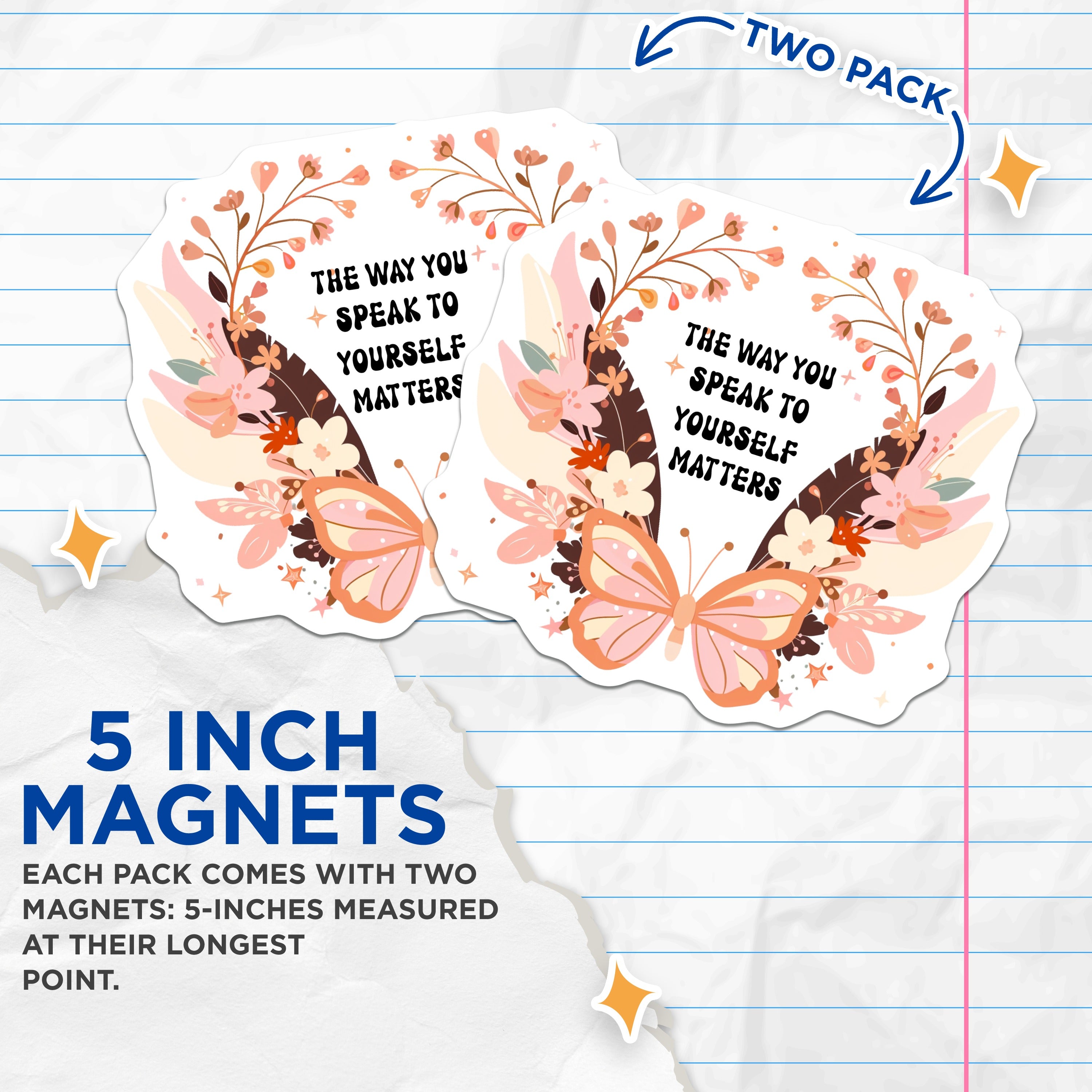 (2 Pack) Positive Self Talk Magnets - Mental Health Reminder - Boho Floral Affirmation Decor - Butterfly Quote Art - 5 Inches On Longest Side - Thick Durable Magnet - Made in USA - MAG39327