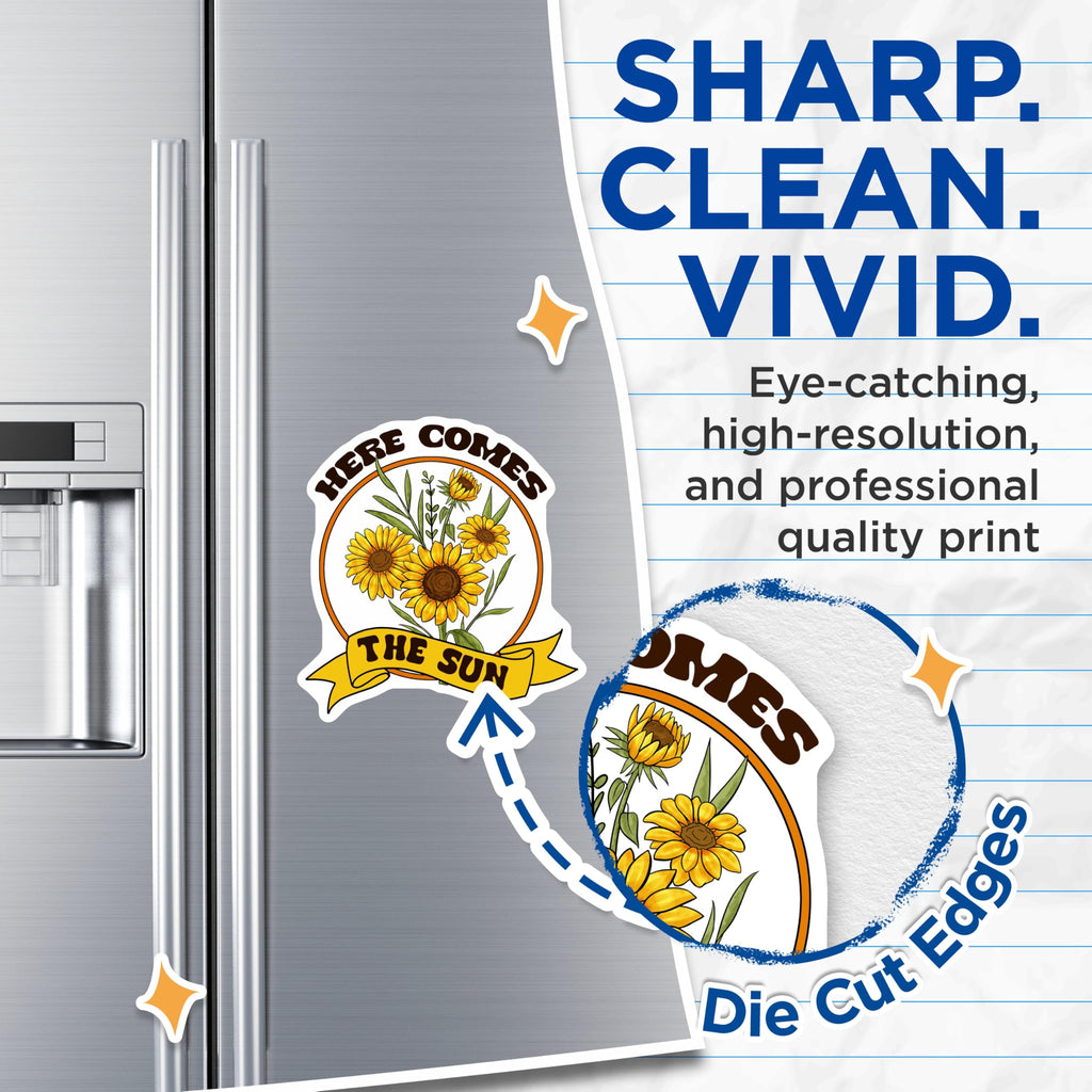 (2 Pack) Here Comes The Sun Magnets - Cheerful Sunflower Floral Art - Inspirational Quote Refrigerator Locker Accents - 5 Inches On Longest Side - Thick Durable Magnet - Made in USA - MAG19347