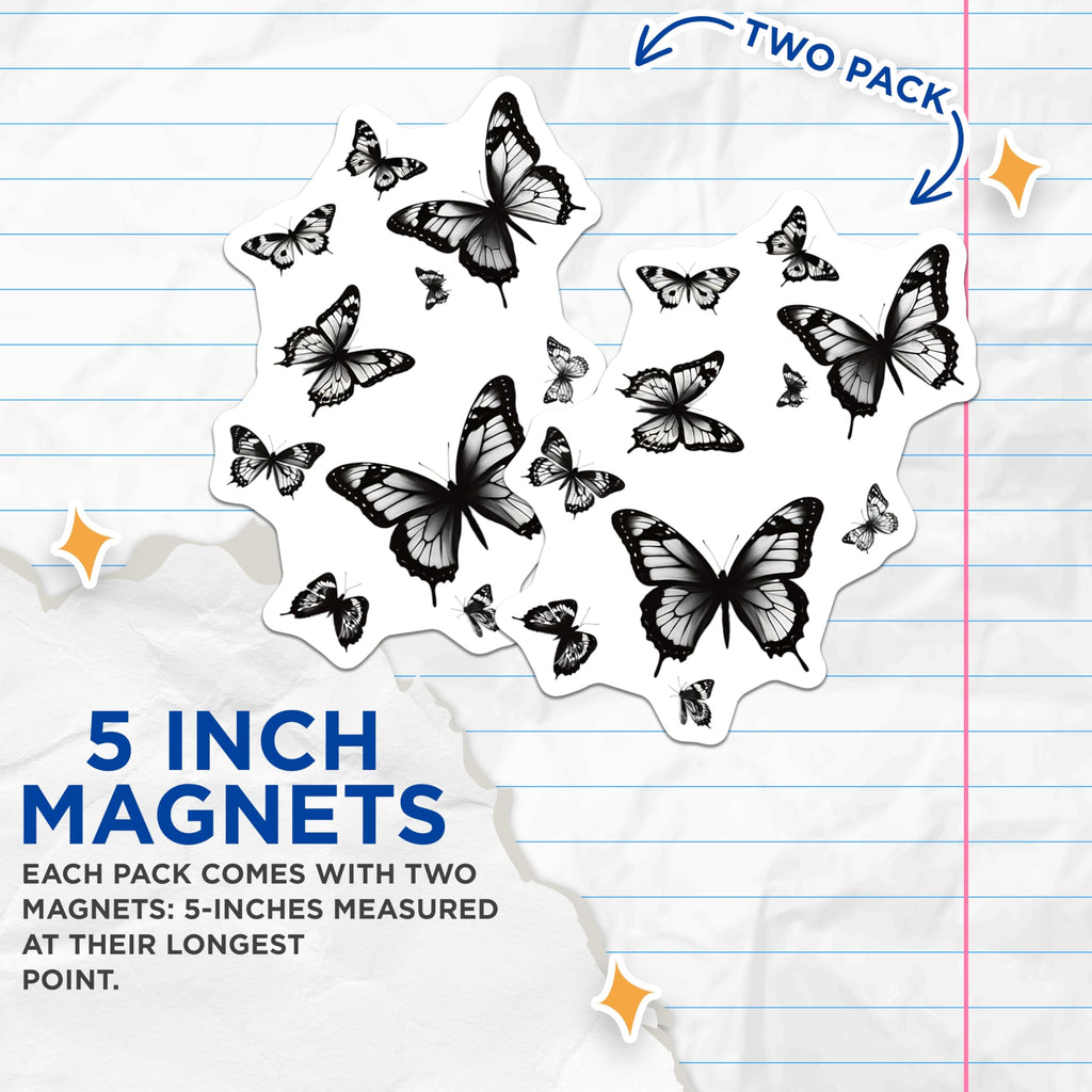 (2 Pack) Butterfly Magnets - Black and White Decor - Home and Living Refrigerator - 5" On Longest Side - Premium Magnet - for Cars, Refrigerators, Toolboxes, Lockers - Made in USA - MAG15874