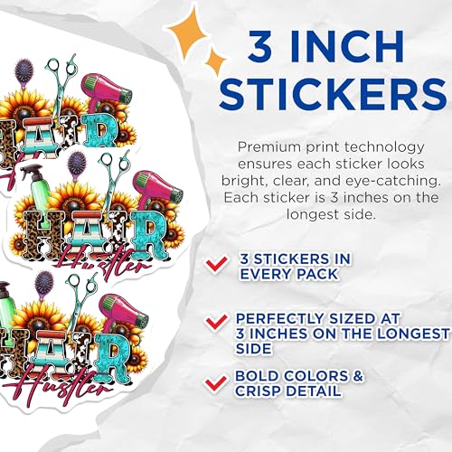 (3 Pack) Hair Hustler Decals - Salon Decor - Hairdresser Decal - 3 Inches On Longest Side - Easy Peel & Apply - Made in USA - 3MCS6331