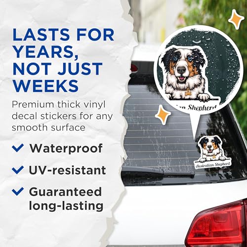(2 Pack) Australian Shepherd Stickers - Dog Lover Stickers - Cute Dog Decal Stickers - 5" On Longest Side - Sticks to Smooth Flat Surfaces - Made in USA - BMCS4218