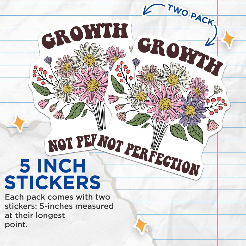 (2 Pack) Growth Not Perfection Stickers - Floral Stickers - Inspirational Quote Sticker - 5" On Longest Side - Sticks to Smooth Flat Surfaces - Made in USA - BMCS18192