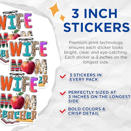 (3 Pack) Wife Mom Teacher Decals - Appreciation - Educational Vinyl Stickers - 3 Inches On Longest Side - Easy Peel & Apply - Made in USA - 3MCS7236