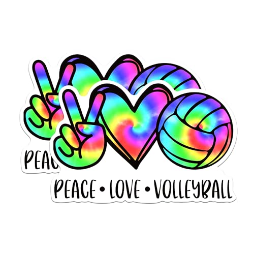 (2 Packs) Peace Love Volleyball Tiedye Stickers - Volleyball Player Mom Tie Dye Decals - 5 Inches On Longest Side - Premium Vinyl Decal - Sticks to Any Smooth Flat Surface - Made in USA - BMCS2354