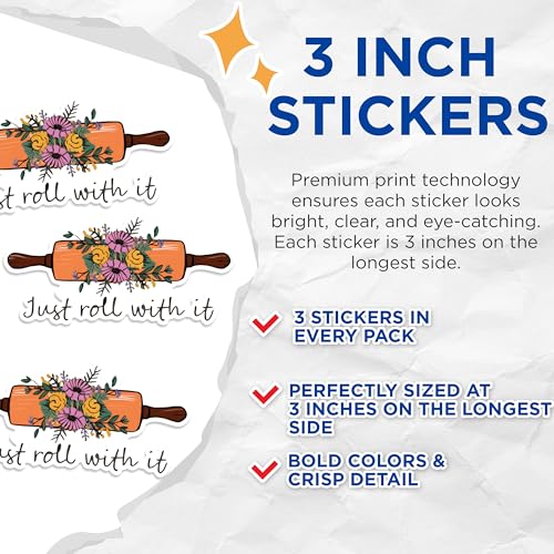 (3 Pack) Just Roll with It Decals - Baking Lover Decal - Baker Humor Gift - 3 Inches On Longest Side - Easy Peel & Apply - Made in USA - 3MCS1774