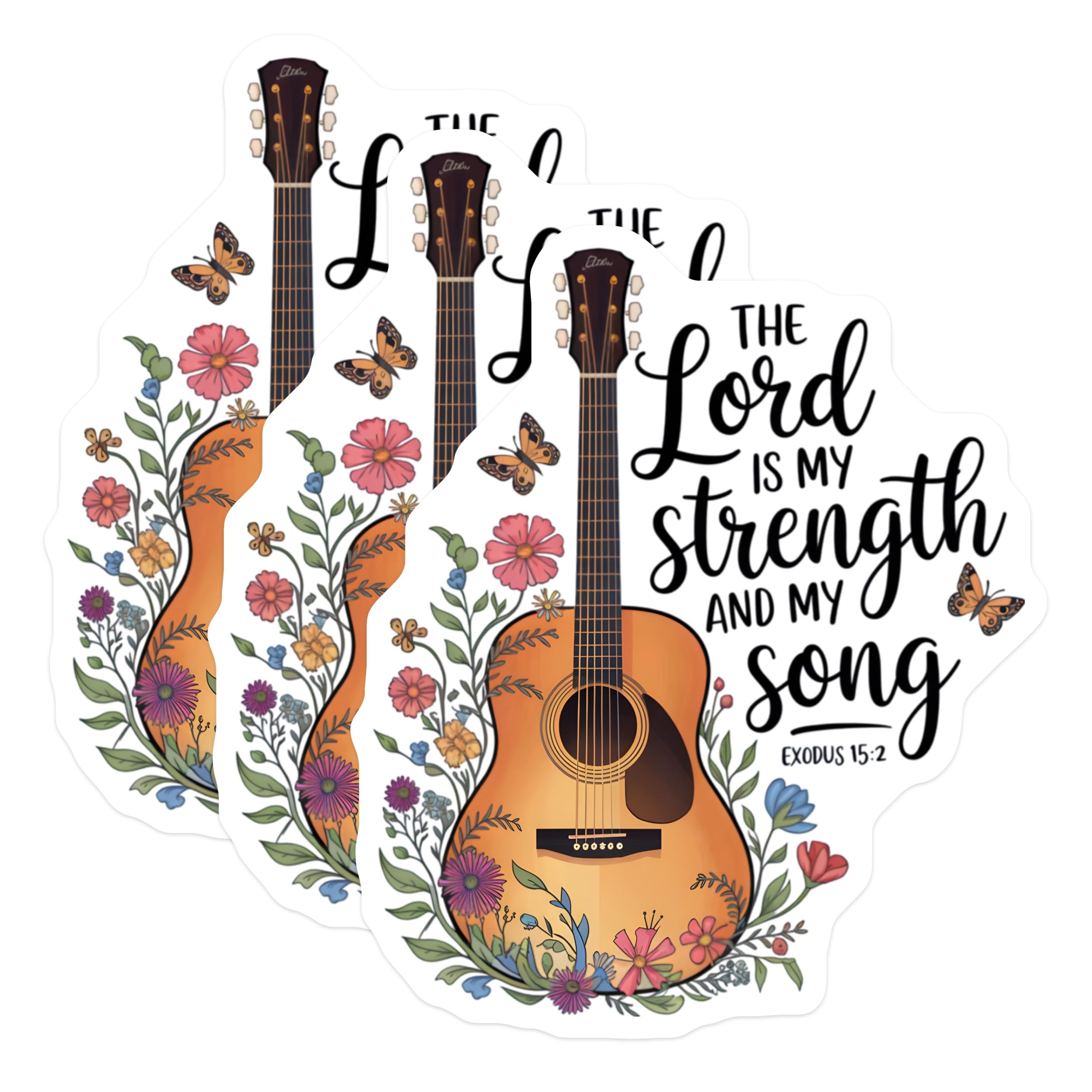 (3 Pack) Guitar Scripture Decals - Christian Laptop Decal - Exodus 15 2 Verse- 3 Inches On Longest Side - Easy Peel & Apply - Made in USA - 3MCS5356