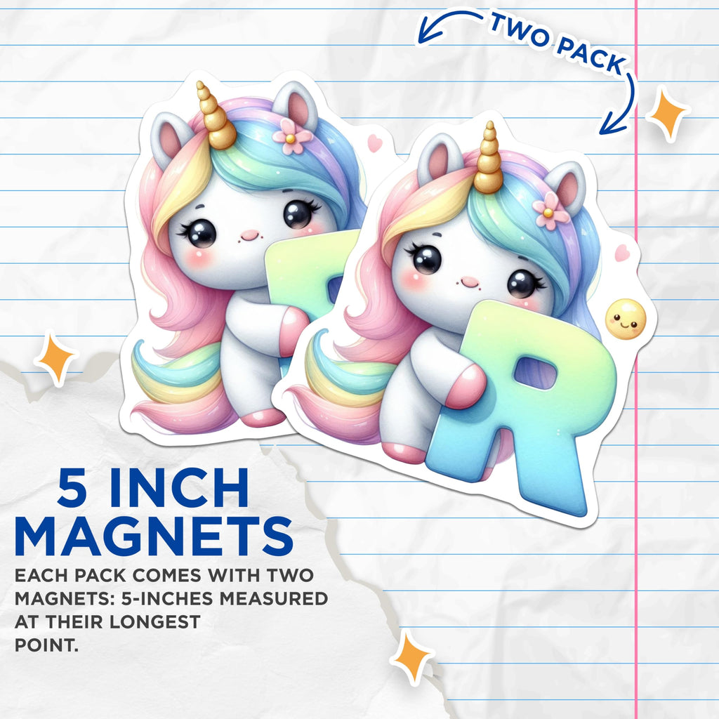 (2 Pack) Letter R Unicorn Magnets - Initial R Decor - Rainbow Unicorn Art Fridge Decor - 5" On Longest Side - Premium Magnet - for Cars, Refrigerators, Toolboxes, Lockers - Made in USA - MAG16165