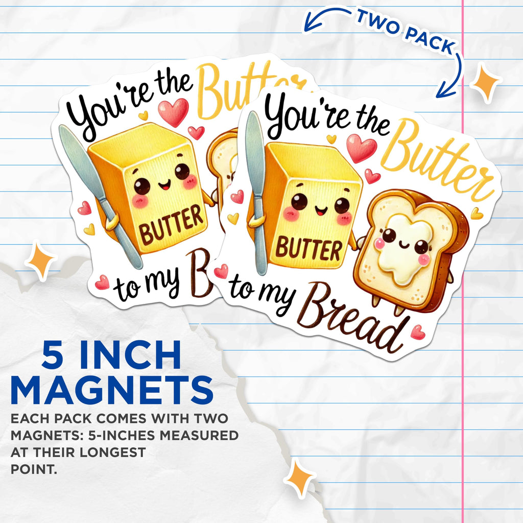 (2 Pack) Cute Butter and Bread Magnets - Kawaii Kitchen Decor - Adorable Refrigerator Magnets - 5" On Longest Side - for Cars, Refrigerators, Toolboxes, Lockers - Made in USA BMCS3373