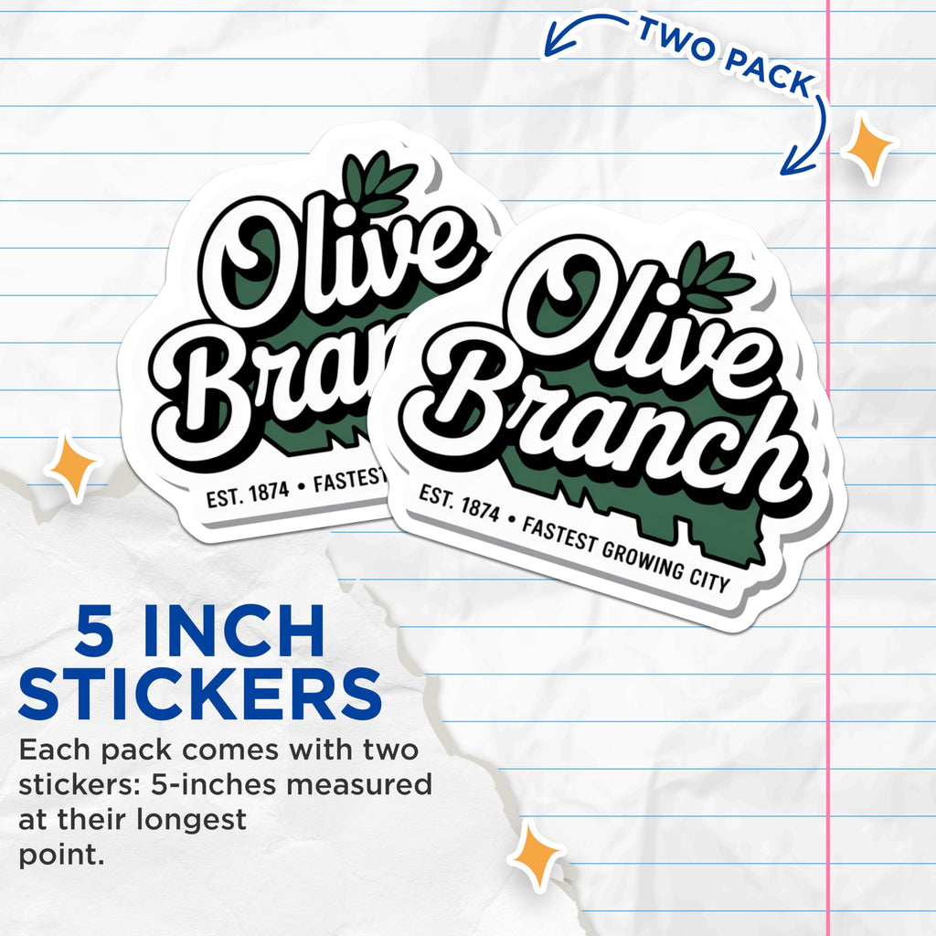(2 Pack) Olive Branch Mississippi Stickers - City Logo Decals - Souvenir Stickers - 5" On Longest Side - Sticks to Smooth Flat Surfaces - Made in USA - BMCS18483