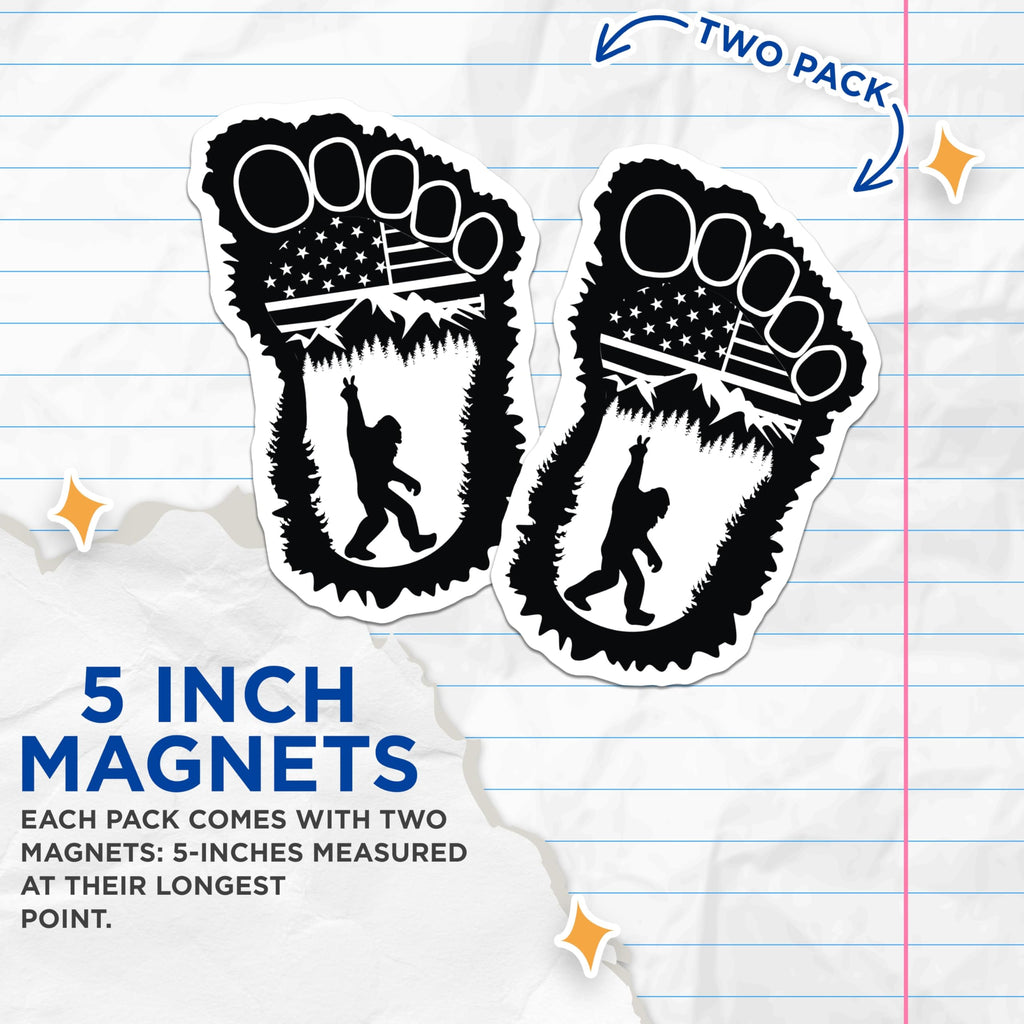 (2 Pack) Bigfoot Magnets - American Flag Design - Sasquatch Forest Decor - 5 Inches On Longest Side - Thick Durable Magnet - Made in USA - MAG23161