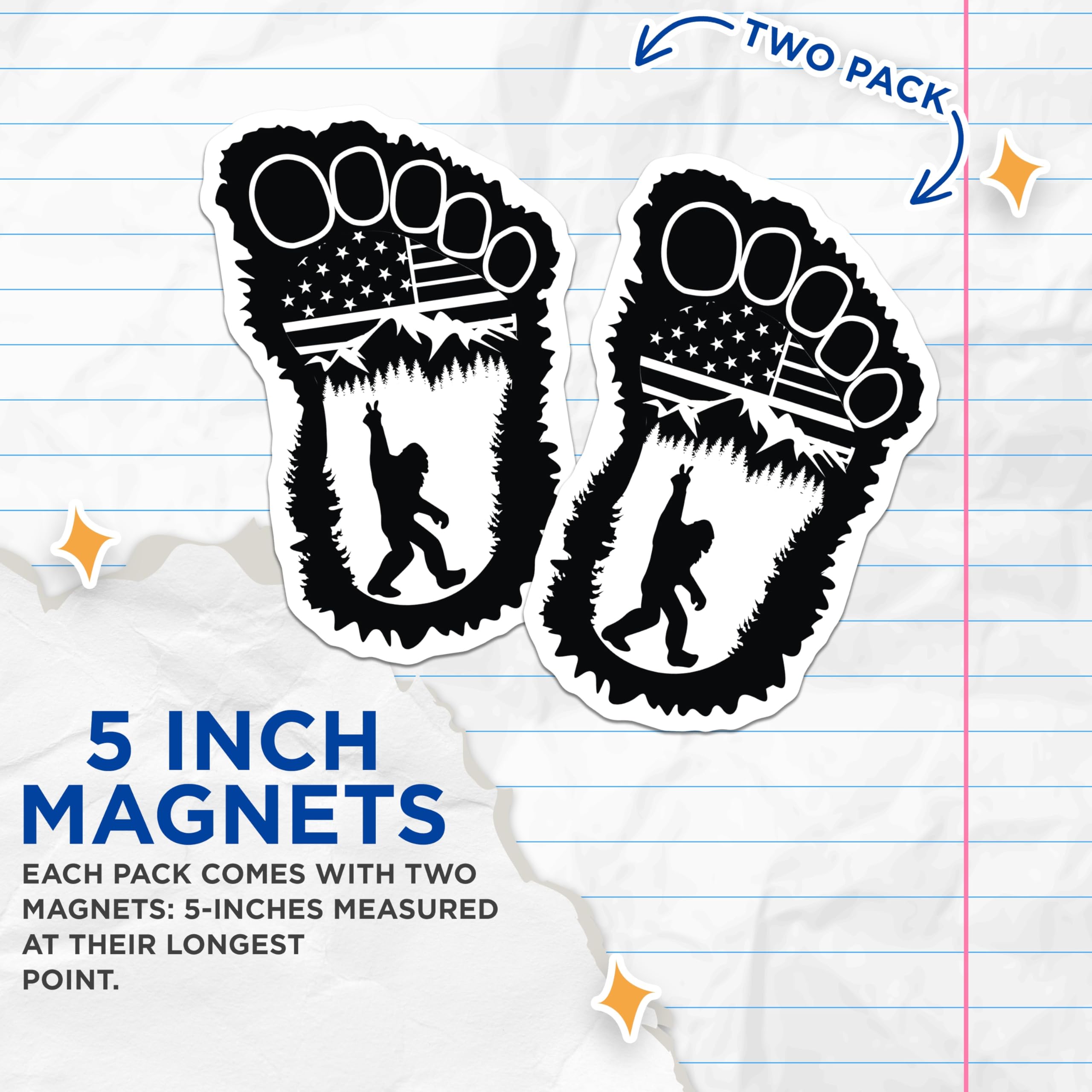(2 Pack) Bigfoot Magnets - American Flag Design - Sasquatch Forest Decor - 5 Inches On Longest Side - Thick Durable Magnet - Made in USA - MAG23161
