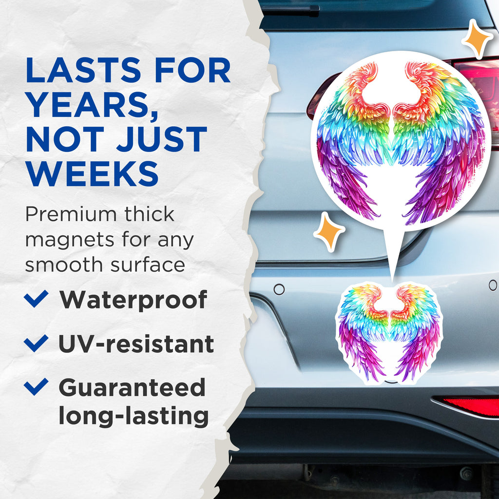 (2 Pack) Rainbow Angel Wings Magnets - Vibrant Fridge Decor - Pride Month Locker Art - Fantasy Aesthetic - 5 Inches On Longest Side - Thick Durable Magnet - Made in USA - MAG37899