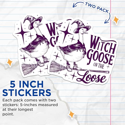 (2 Pack) Witch Goose on The Loose Stickers - Halloween Goose - Funny Spooky Witch Sticker - 5" On Longest Side - Sticks to Smooth Flat Surfaces - Made in USA - BMCS5869