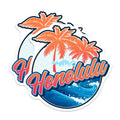 (2 Pack) Honolulu Hawaii Retro Magnets - Tropical Palm Trees Ocean Waves Decor - Beach Surf Travel Souvenir Island Life Aloha - 5 Inches On Longest Side - Thick Durable Magnet - Made in USA - MAG19011