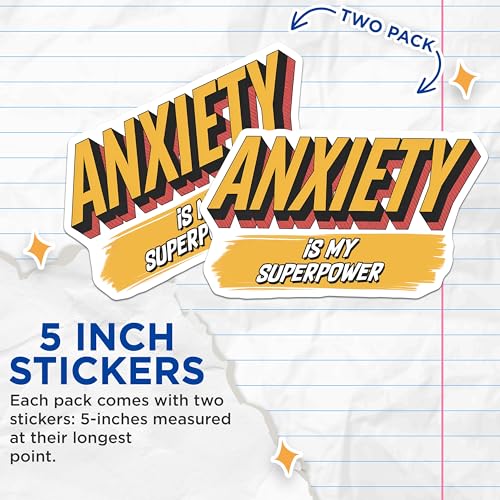 (2 Pack) Anxiety is My Superpower Stickers - Mental Health Awareness - Motivational Quote - 5" On Longest Side - Sticks to Smooth Flat Surfaces - Made in USA - BMCS7680