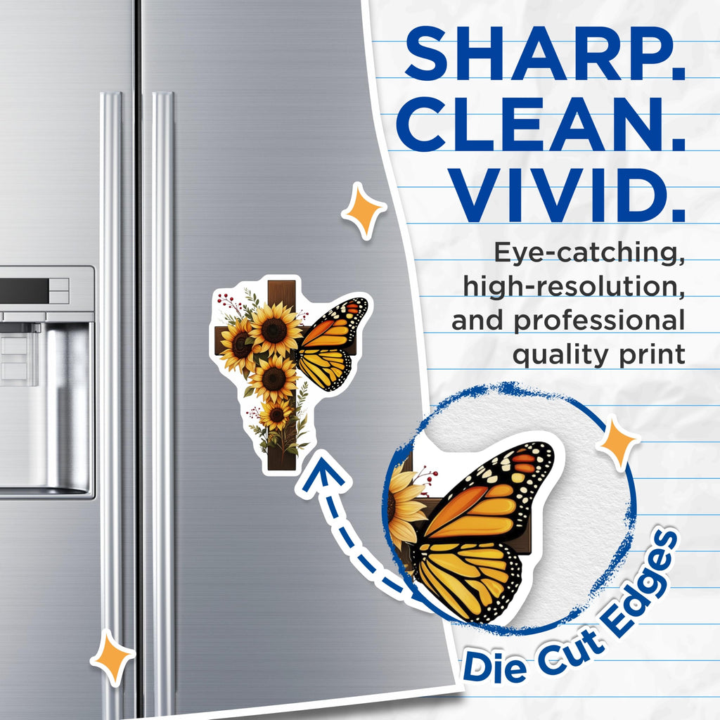 (2 Pack) Sunflower Cross Magnets - Monarch Butterfly - Religious Kitchen Decor - 5" On Longest Side - Premium Magnet - for Cars, Refrigerators, Toolboxes, Lockers - Made in USA - MAG16897
