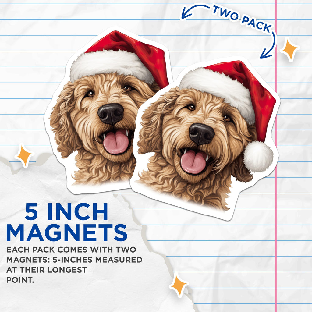 (2 Pack) Goldendoodle Magnets - Christmas Dog Decor - Santa Hat Pet Art - Festive Holiday Refrigerator Magnets - 5 Inches On Longest Side - Thick Durable Magnet - Made in USA - MAG23722