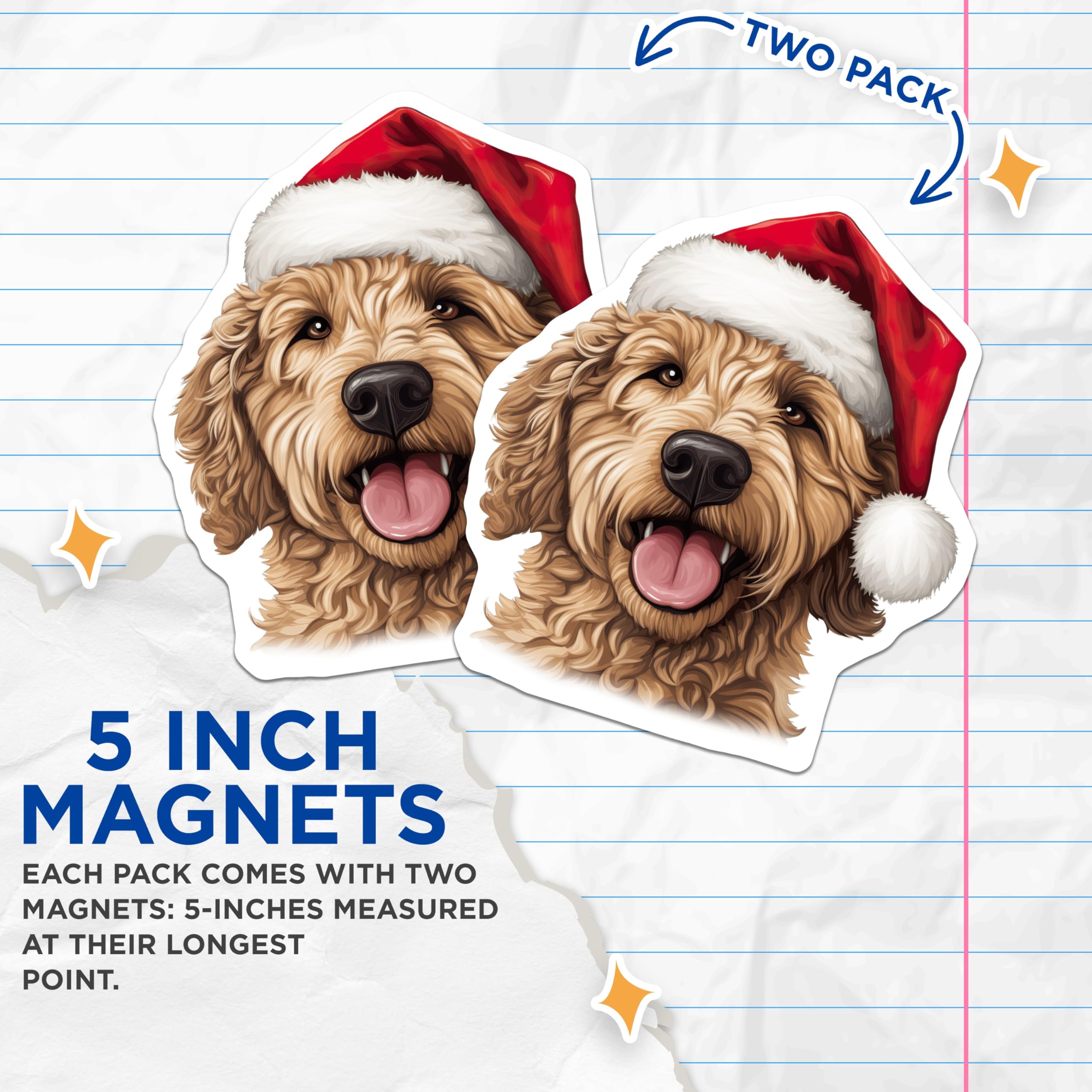 (2 Pack) Goldendoodle Magnets - Christmas Dog Decor - Santa Hat Pet Art - Festive Holiday Refrigerator Magnets - 5 Inches On Longest Side - Thick Durable Magnet - Made in USA - MAG23722