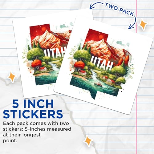 (2 Pack) Utah Outdoor Adventure Stickers - Nature Scenery Stickers - State Travel Stickers - 5" On Longest Side - Sticks to Smooth Flat Surfaces - Made in USA - BMCS5535