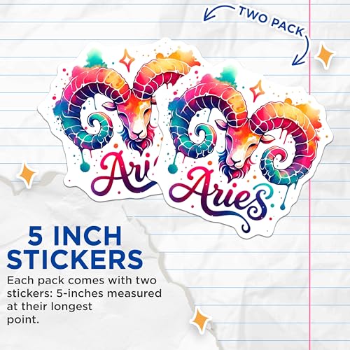 (2 Pack) Aries Rainbow Stickers - Zodiac Sign Vinyl Decal - Astrological Illustration Art - 5" On Longest Side - Sticks to Smooth Flat Surfaces - Made in USA - BMCS7280